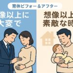 スーツ姿で妊婦の妻のお腹をさするパパと、私服で赤ちゃんを抱くパパを左右に対比したイラスト。見出しは「想像以上に大変で／想像以上に素敵な時間」