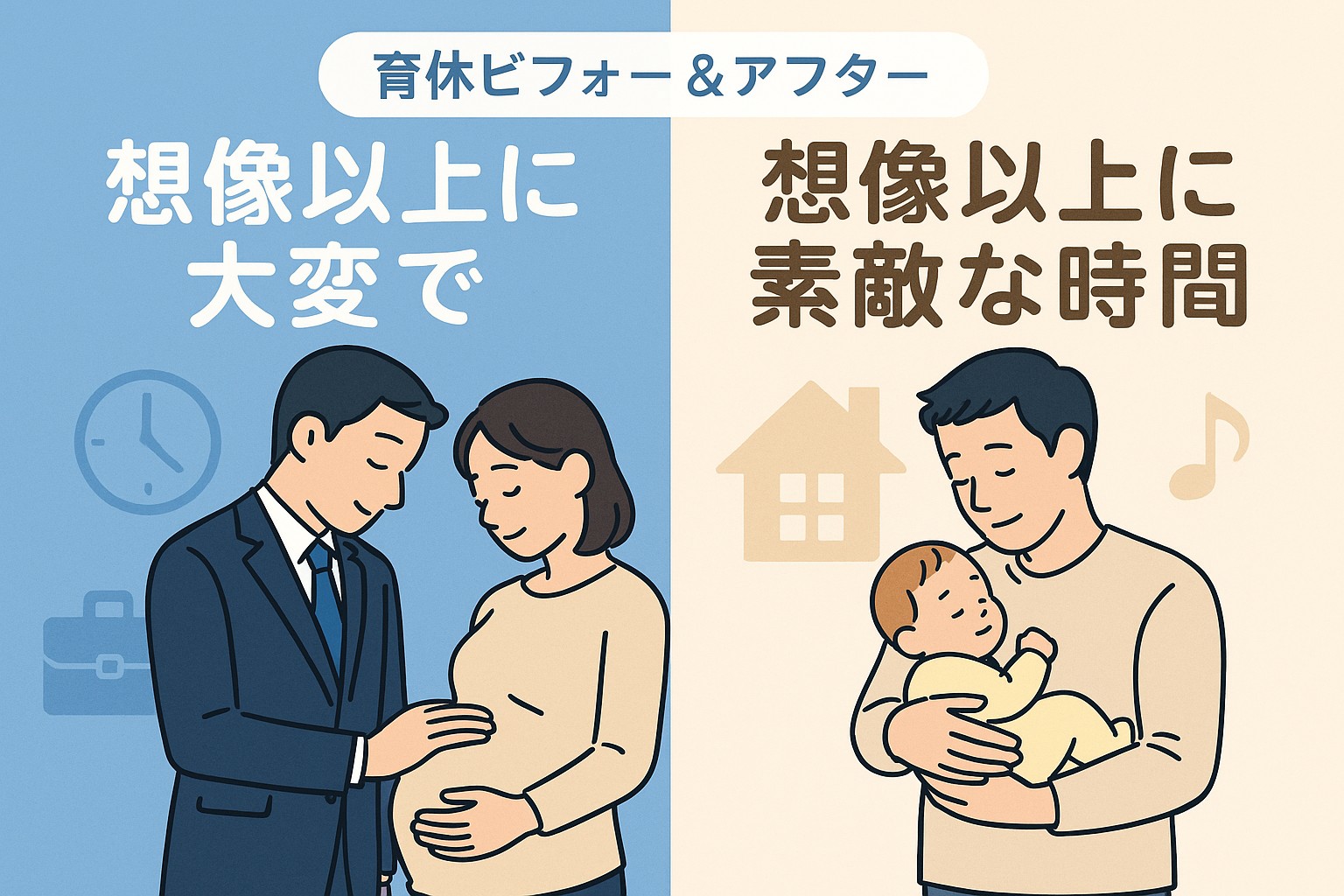スーツ姿で妊婦の妻のお腹をさするパパと、私服で赤ちゃんを抱くパパを左右に対比したイラスト。見出しは「想像以上に大変で／想像以上に素敵な時間」