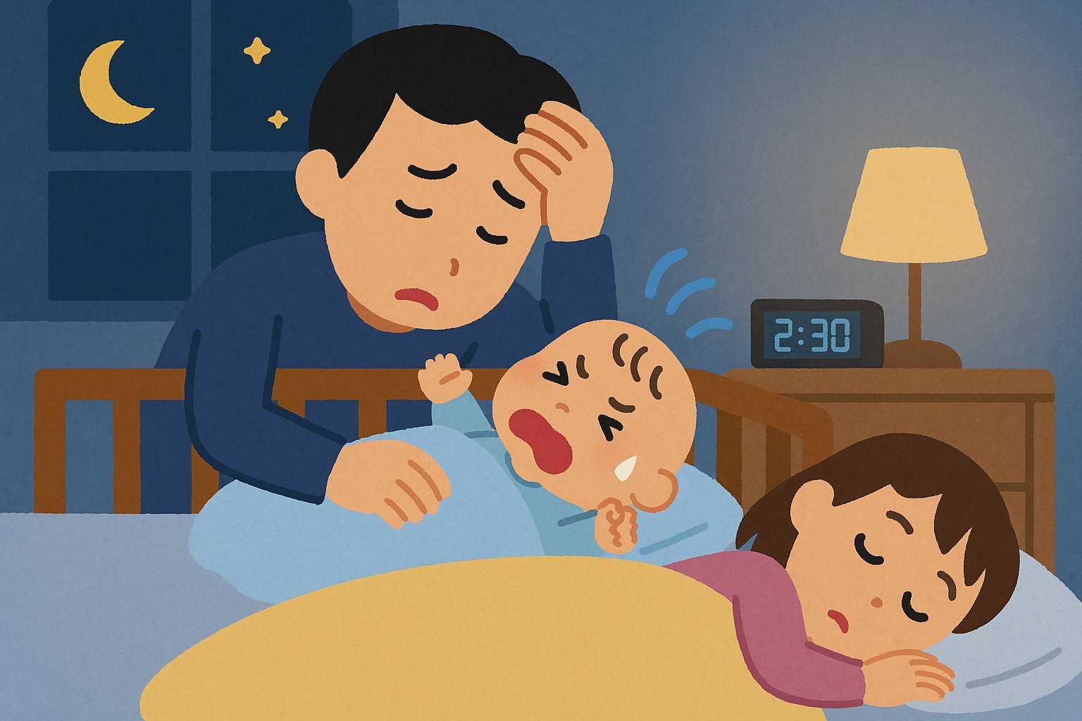 夜中に泣く赤ちゃんをあやすパパと、隣で眠る5歳の娘のイラスト。育休中の夜間対応の大変さを表現しています。