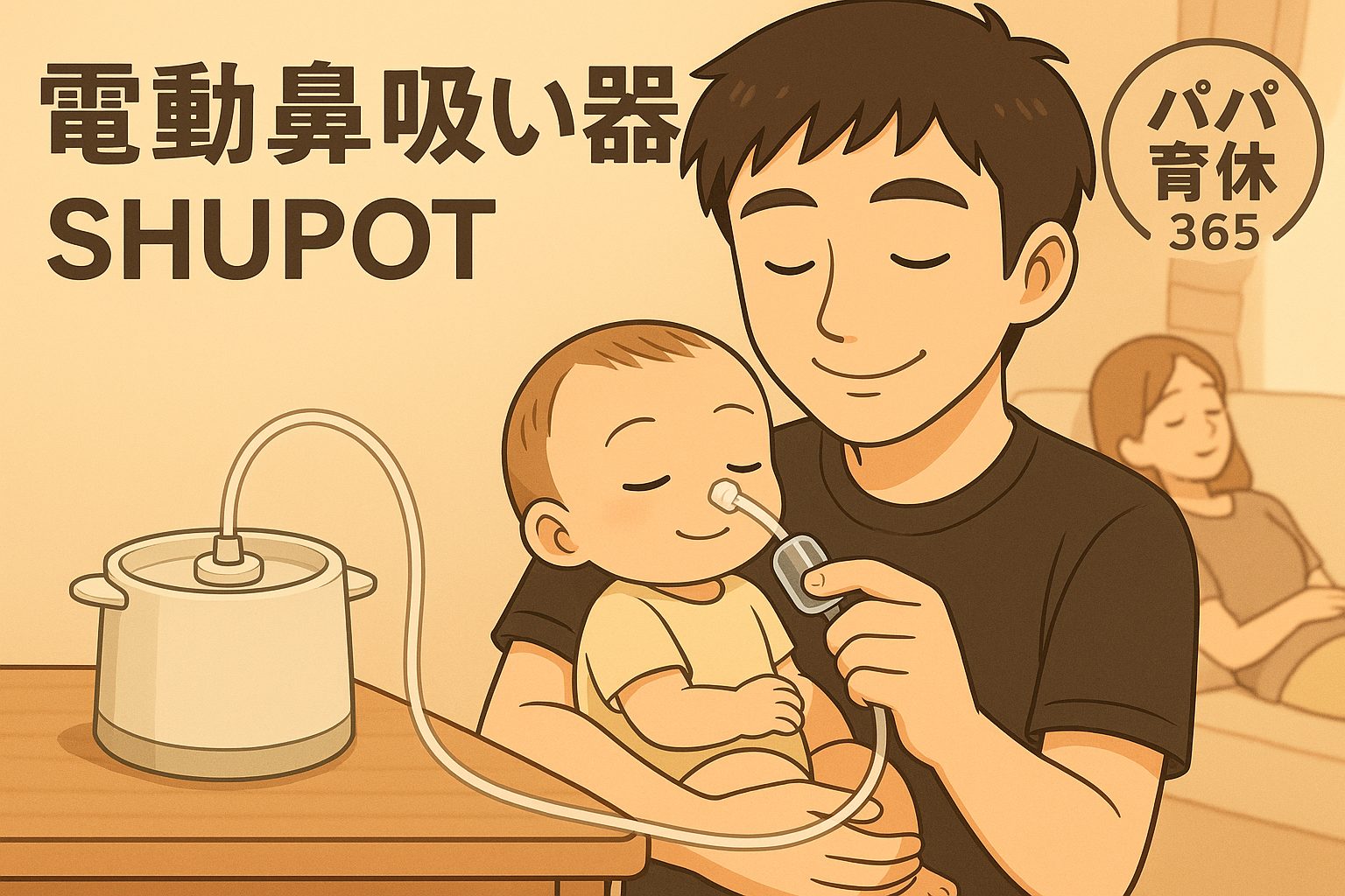 置き型の電動鼻吸い器SHUPOTのキャッチャーを赤ちゃんの鼻に当て、パパがやさしく吸引しているアニメ風アイキャッチ。右上に「パパ育休365」のロゴ。