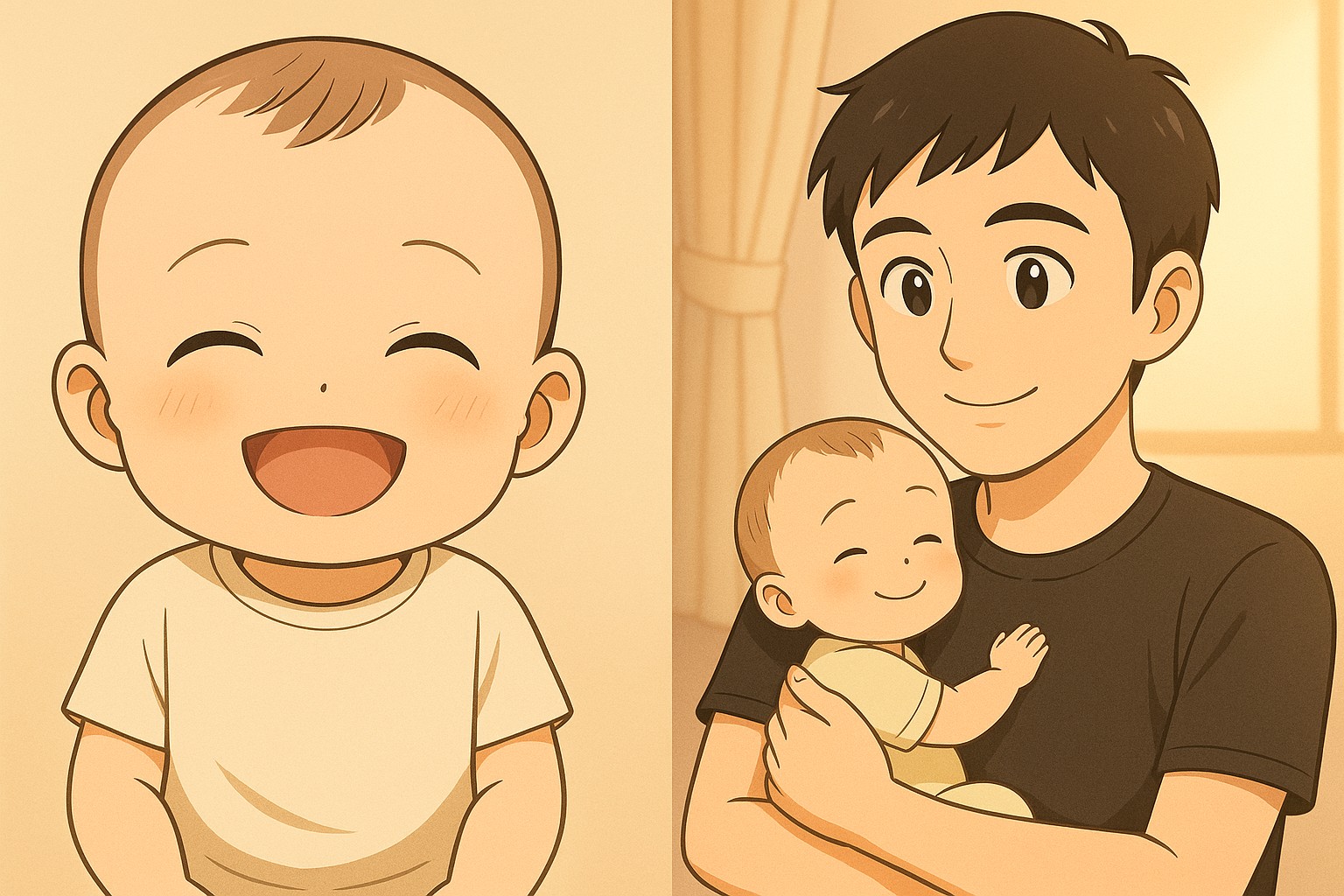 左側で赤ちゃんが満面の笑みを浮かべ、右側でパパが赤ちゃんを抱っこして幸せそうに微笑む、横長のアニメ風イラスト