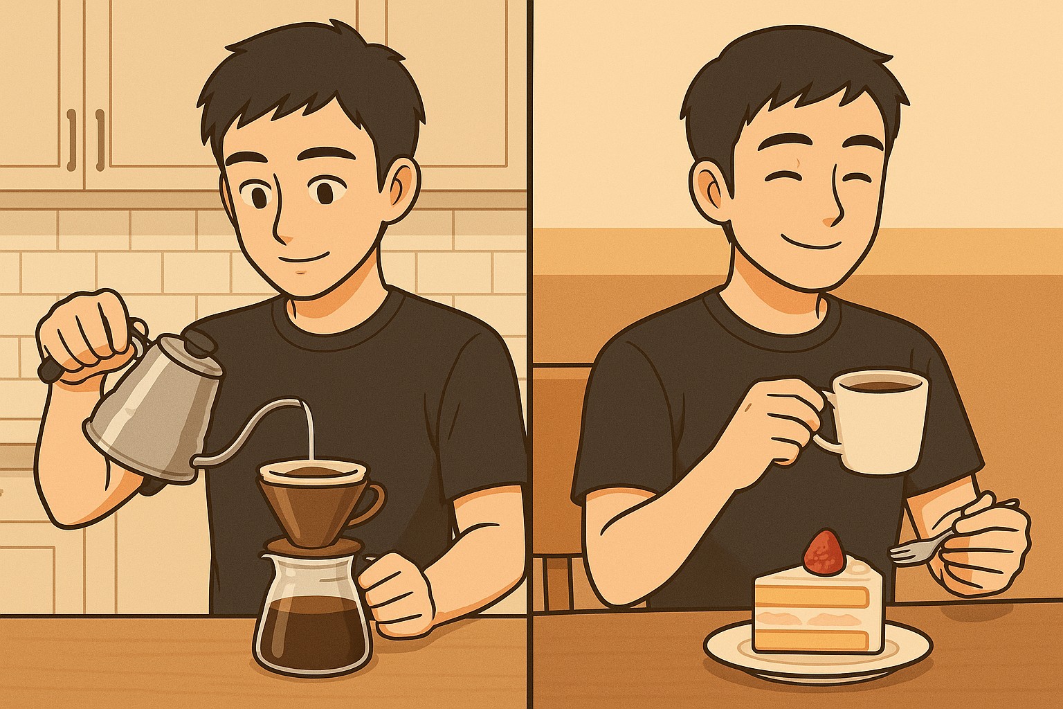 左側でパパが丁寧にドリップでコーヒーを淹れ、右側でケーキとコーヒーを楽しみながらリラックスしているアニメ風イラスト