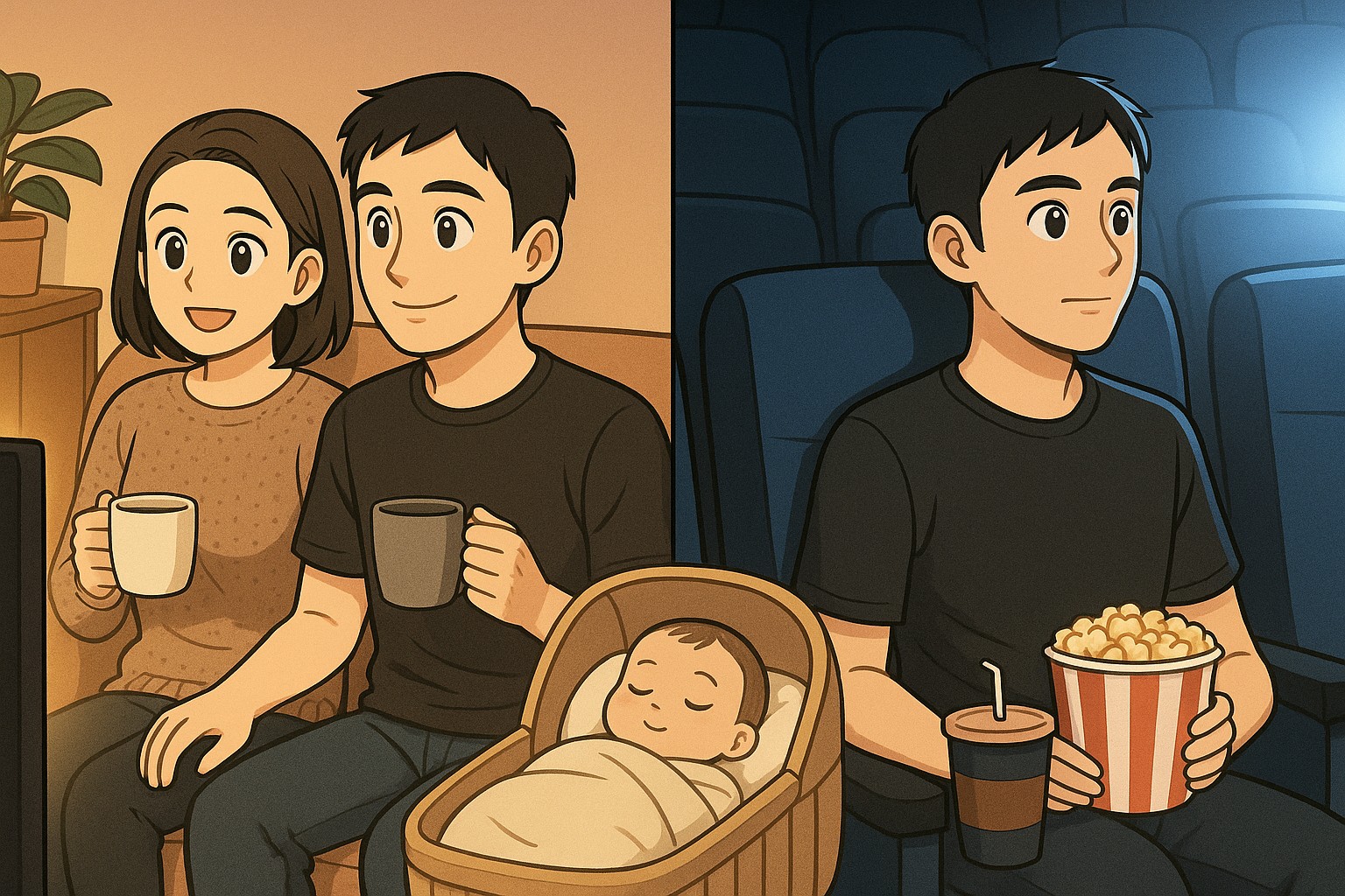 左半分で夫婦がコーヒーを飲みながらテレビのドラマを見ており、すぐそばのベビーベッドで赤ちゃんが眠っている。右半分ではパパが映画館の座席でスクリーンを見つめ、ポップコーンとドリンクを持っているアニメ風イラスト