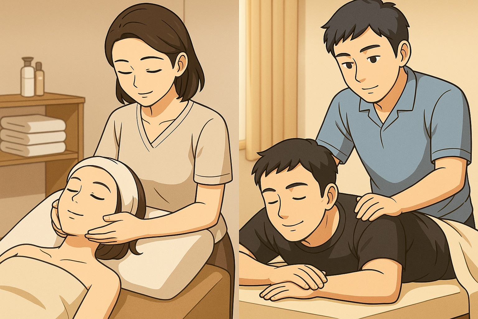 左半分でママがエステのフェイスマッサージを受け、右半分でパパが整体で背中をほぐしてもらっているアニメ風イラスト