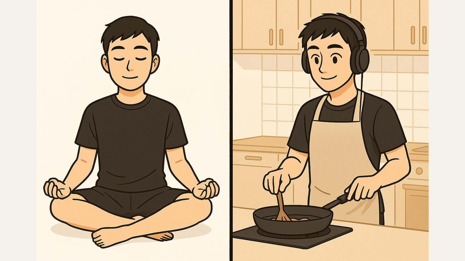左側でパパがあぐらで瞑想し、右側でヘッドホンで音楽を聴きながらキッチンで料理する、横長のアニメ風イラスト