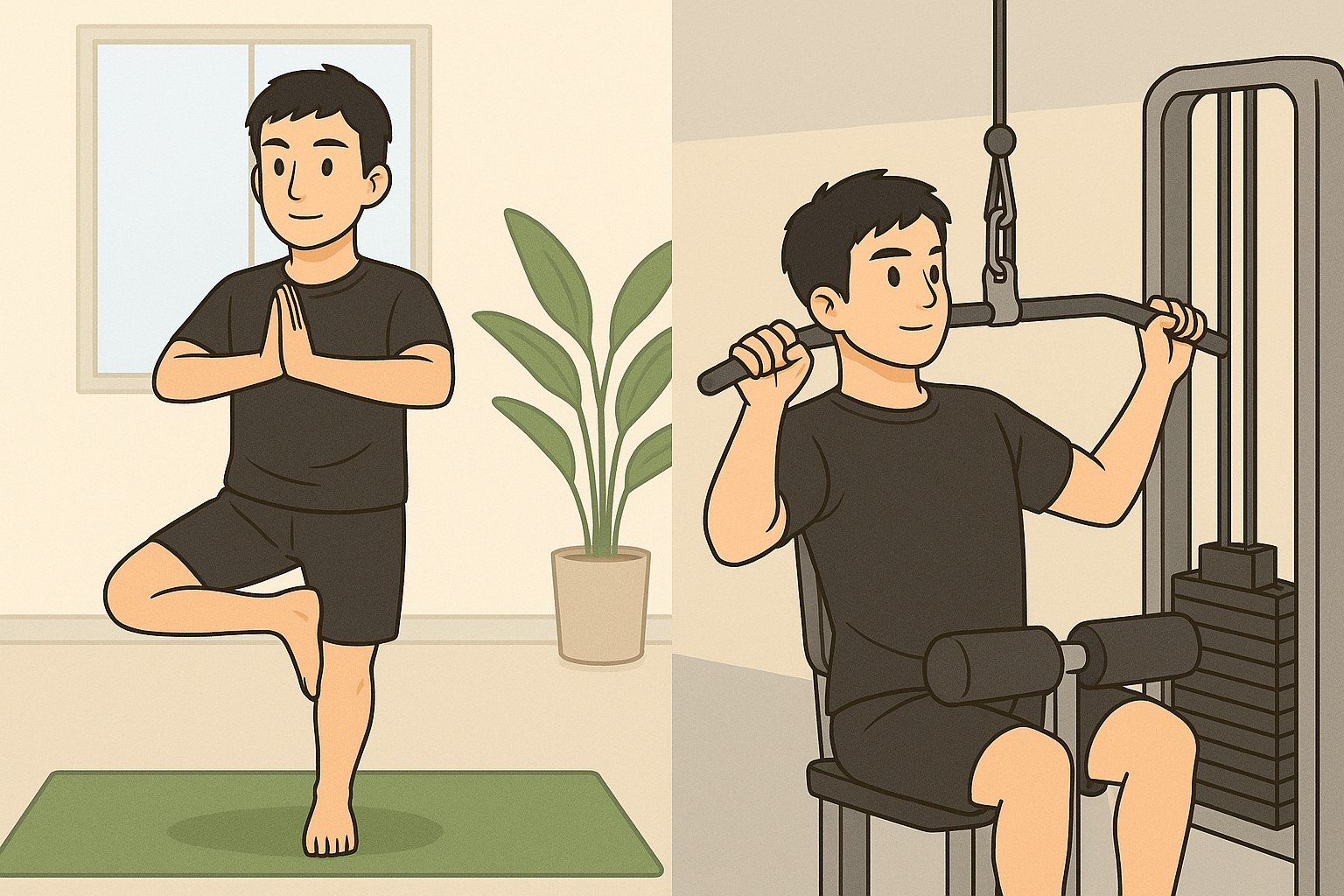 左半分でパパがヨガの木のポーズを行い、右半分で同じパパがラットプルダウンをしているアニメ風イラスト（運動でストレス解消）