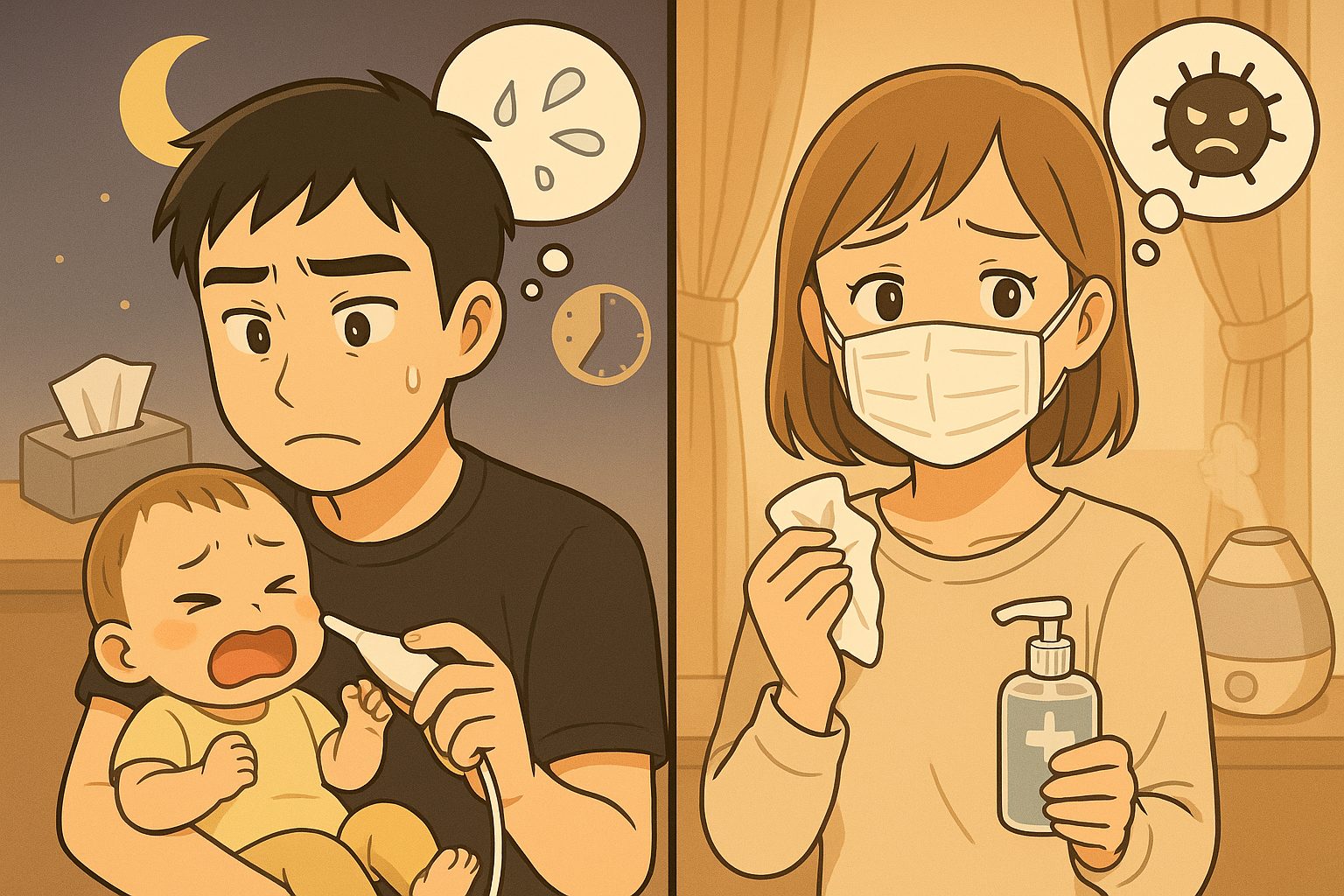 夜中、左側でパパが簡易電動鼻吸い器を使っても鼻づまりが取れず困っている赤ちゃんとパパ、右側でマスクと消毒液・ティッシュを手に衛生面や感染を心配するママを描いたアニメ風イラスト